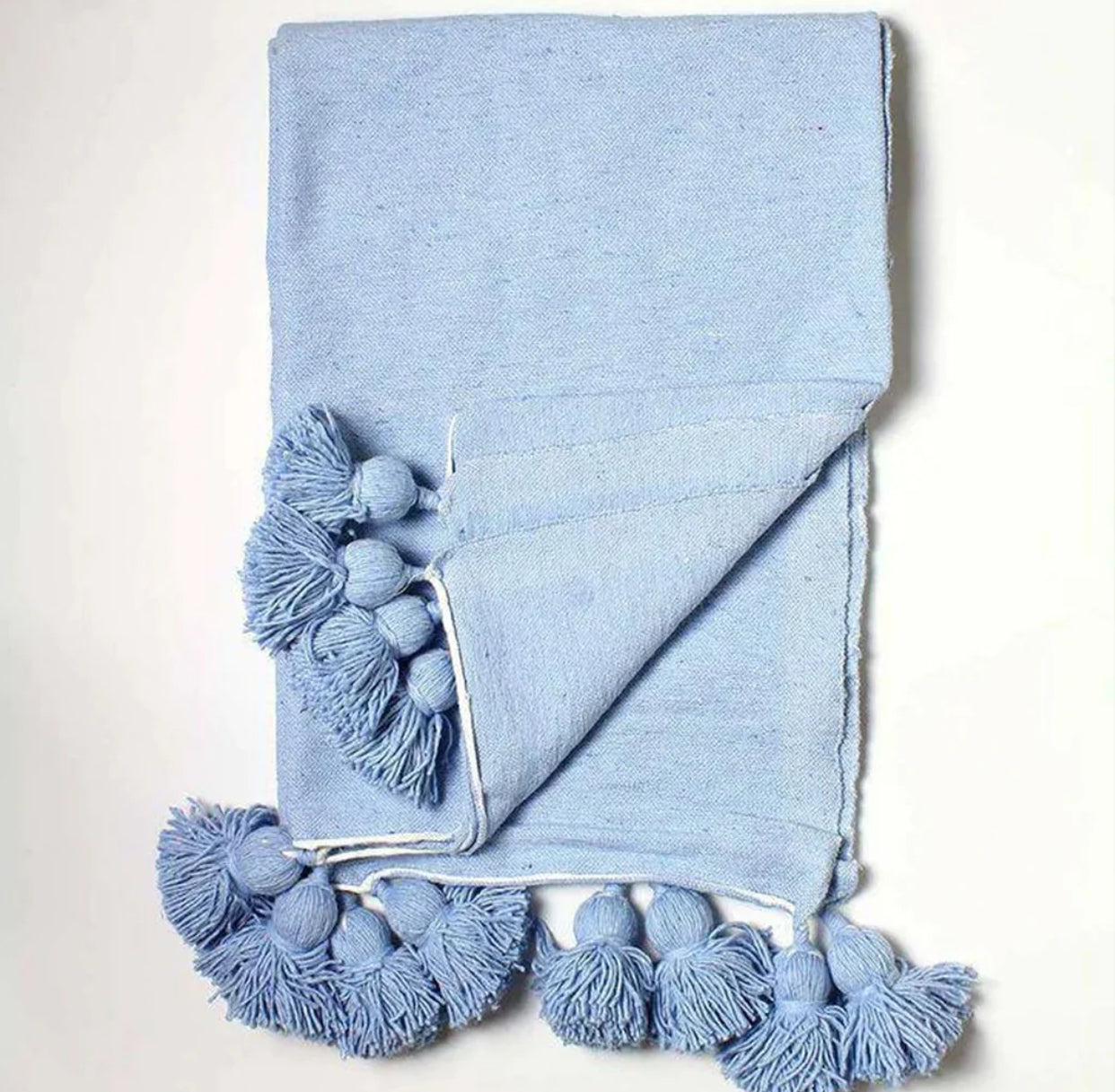 Handmade Moroccan Black & White Striped Pom Pom Blanket