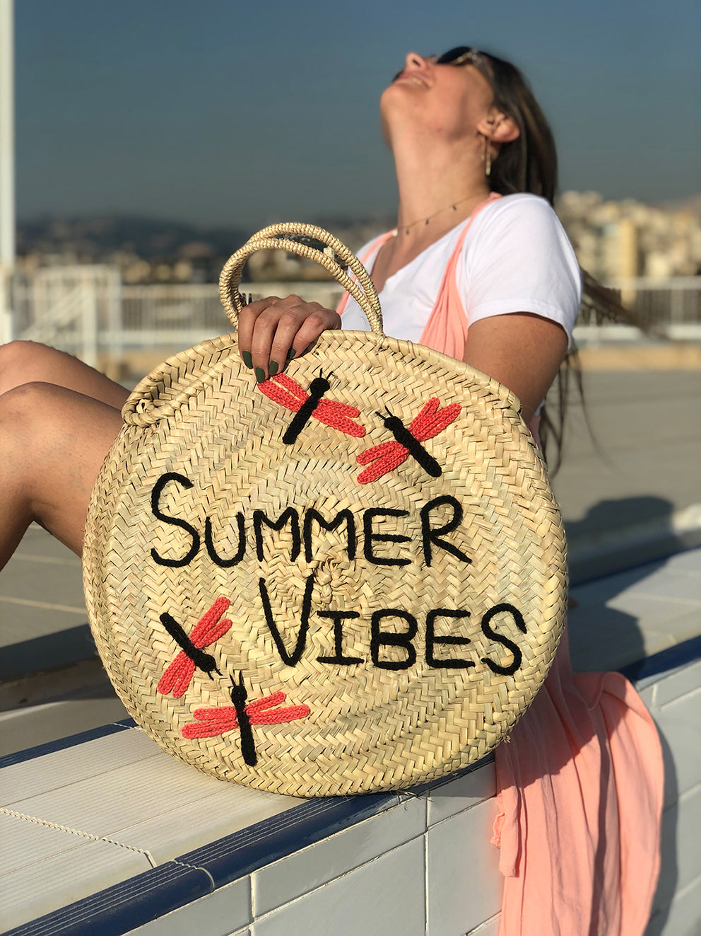 Round Moroccan Straw Basket Bag | Handmade Woven Beach Tote | Natural Palm Leaf Purse