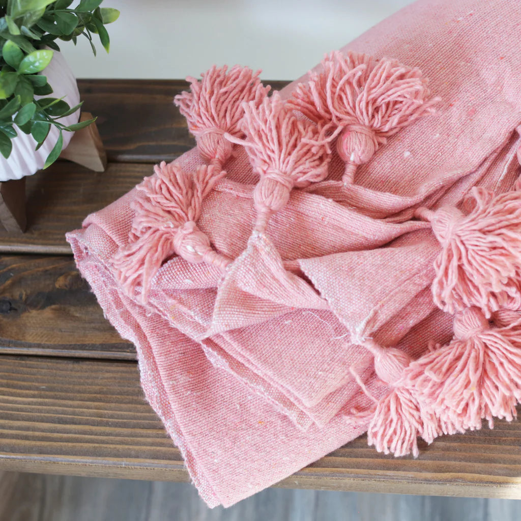 Handmade Moroccan Black & Orange Striped Pom Pom Blanket