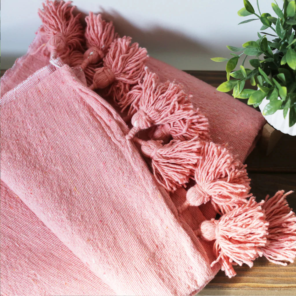 Handmade Moroccan Black & Orange Striped Pom Pom Blanket