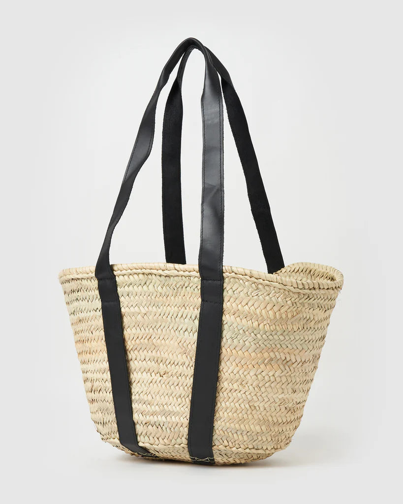 andmade Moroccan Straw Basket Bag with Black Leather Straps