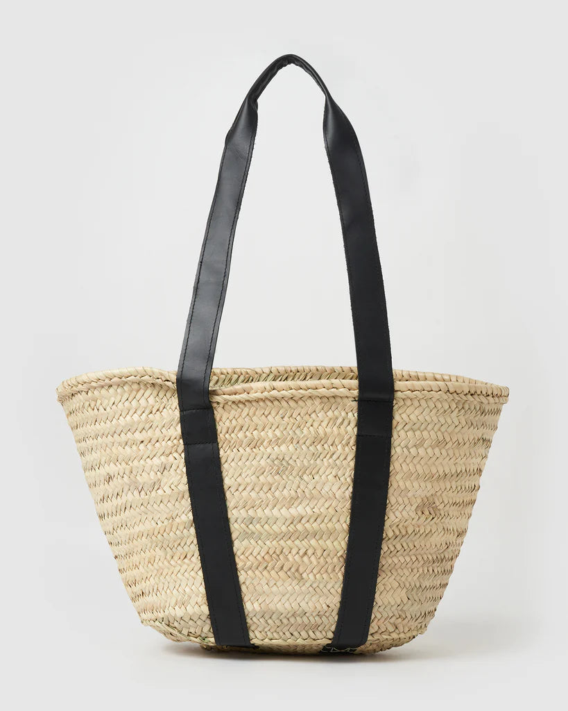 andmade Moroccan Straw Basket Bag with Black Leather Straps