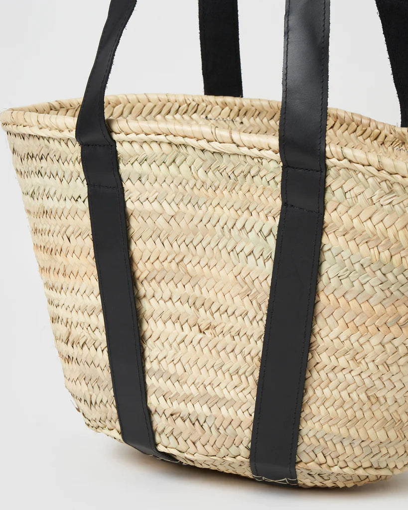 andmade Moroccan Straw Basket Bag with Black Leather Straps
