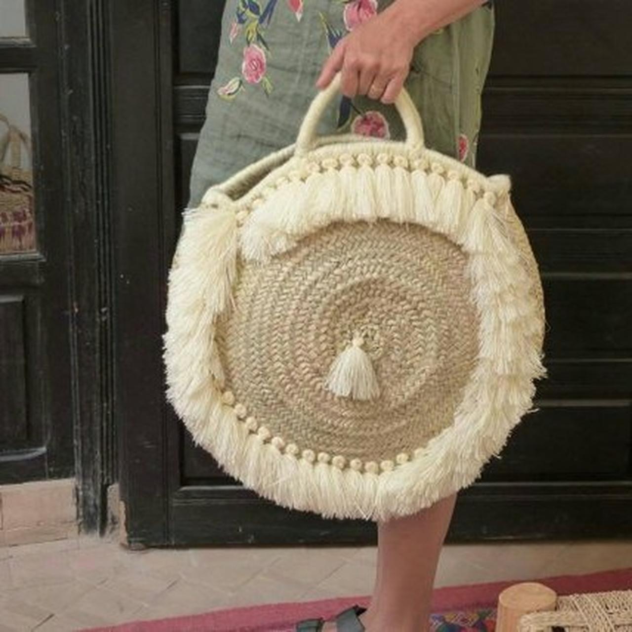 Personalised handwoven-moroccan-round straw-beach-bag-with-tasels