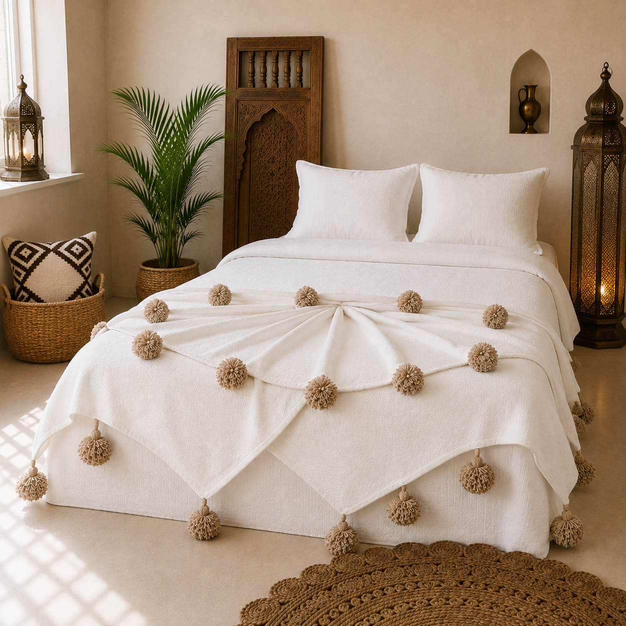 Handmade Moroccan white Striped Pom Pom Blanket
