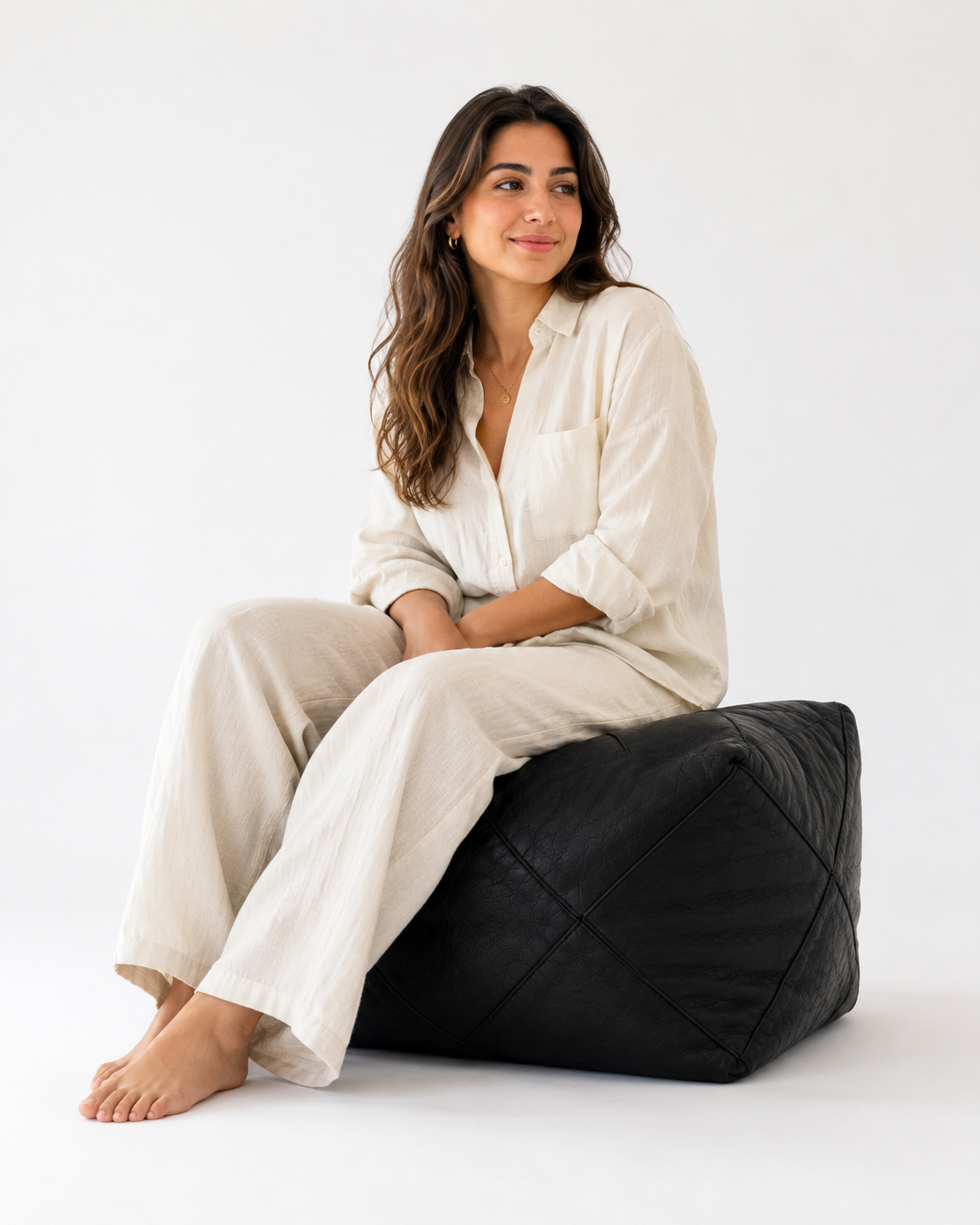 Handmade Moroccan Black Leather Pouf | Genuine Leather Ottoman | ArtisanNomad