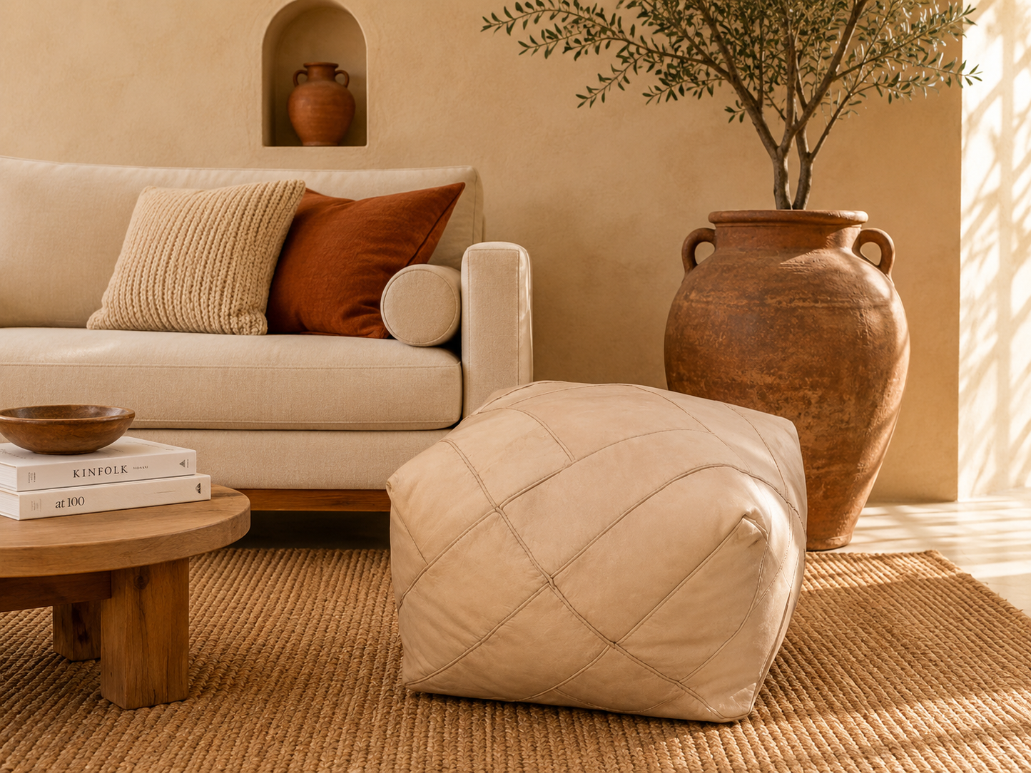 Handmade Moroccan Leather Pouf | Genuine Leather Ottoman | ArtisanNomad