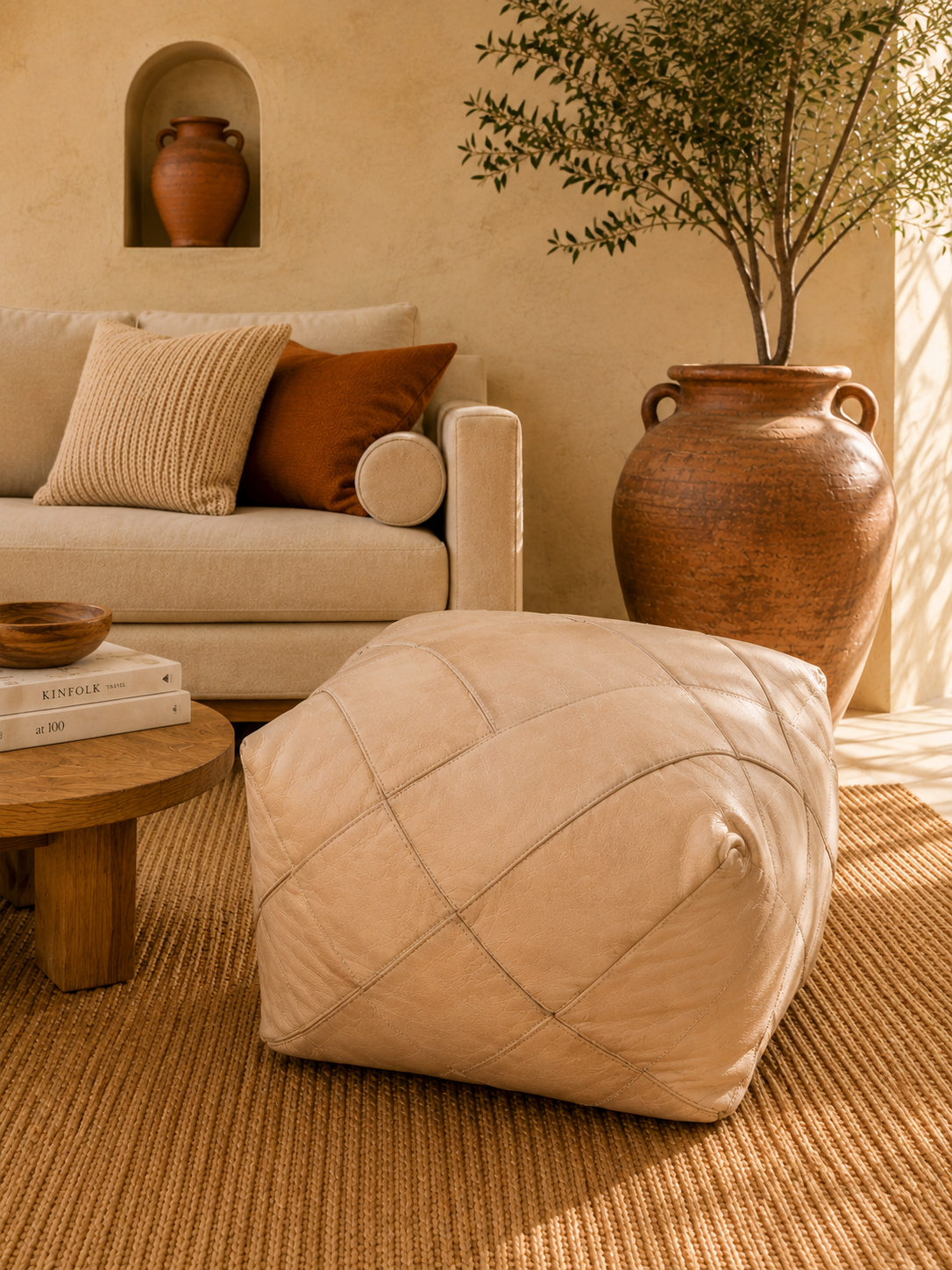 Handmade Moroccan Leather Pouf | Genuine Leather Ottoman | ArtisanNomad