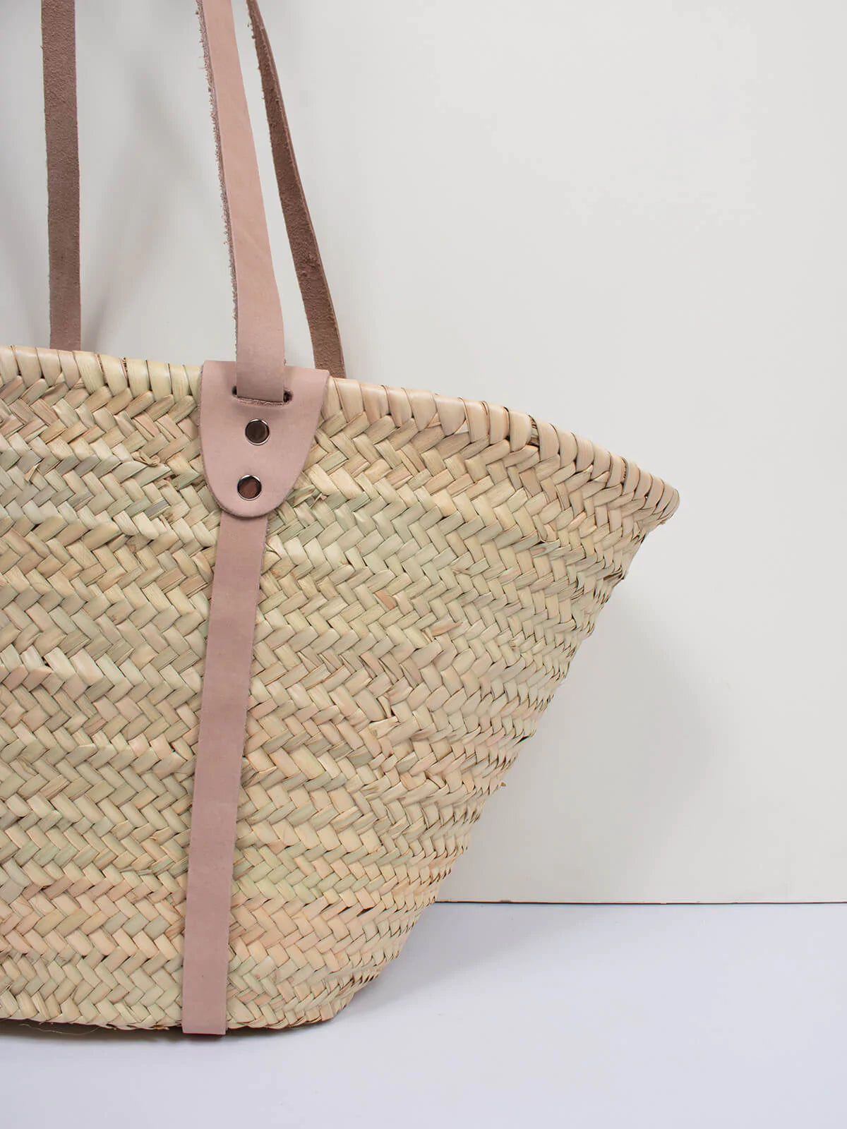 Handmade Moroccan Straw Beach Bag | Long Leather Strap Raffia Tote Basket