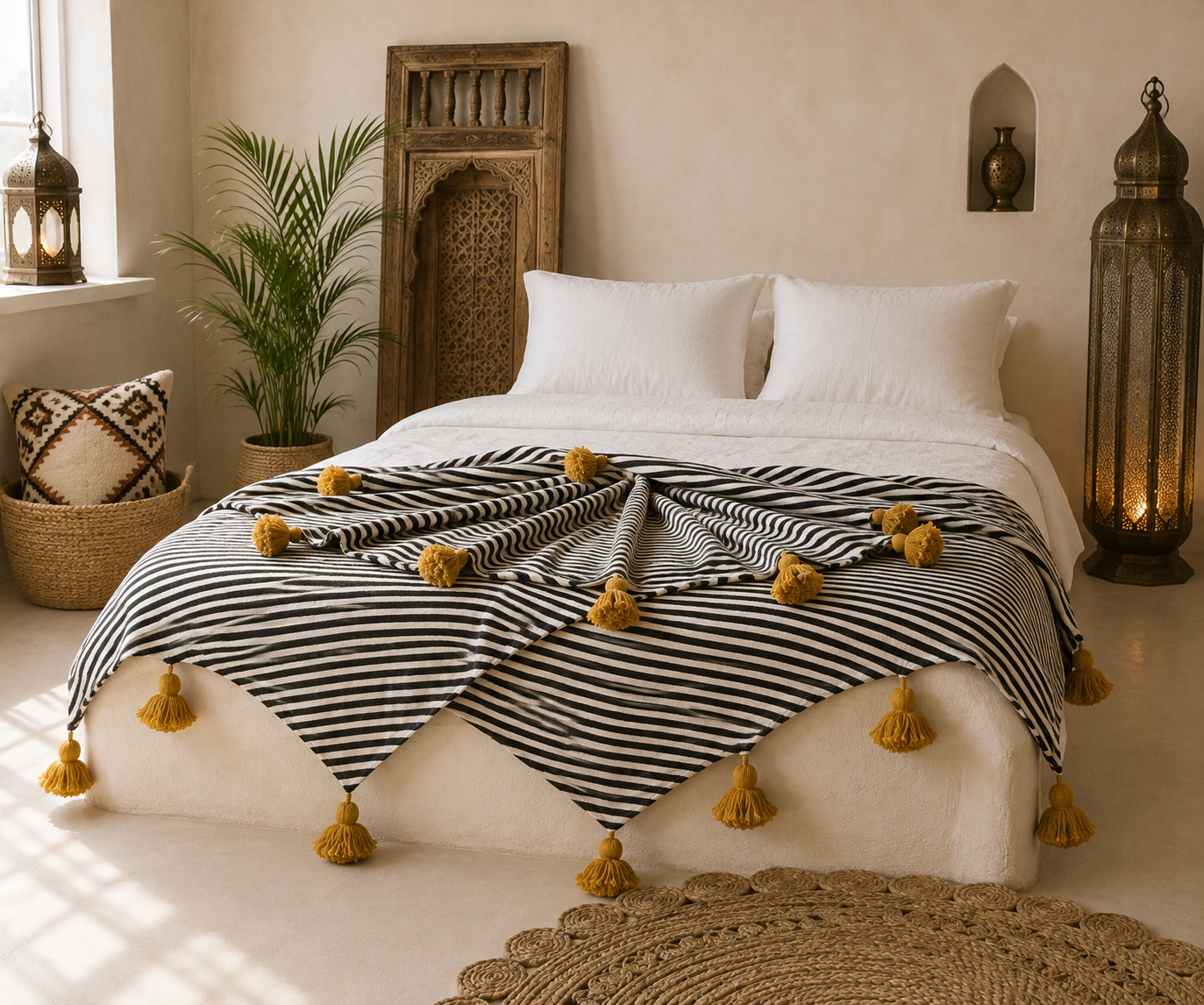 Handmade Moroccan Black & Kesh Striped Pom Pom Blanket