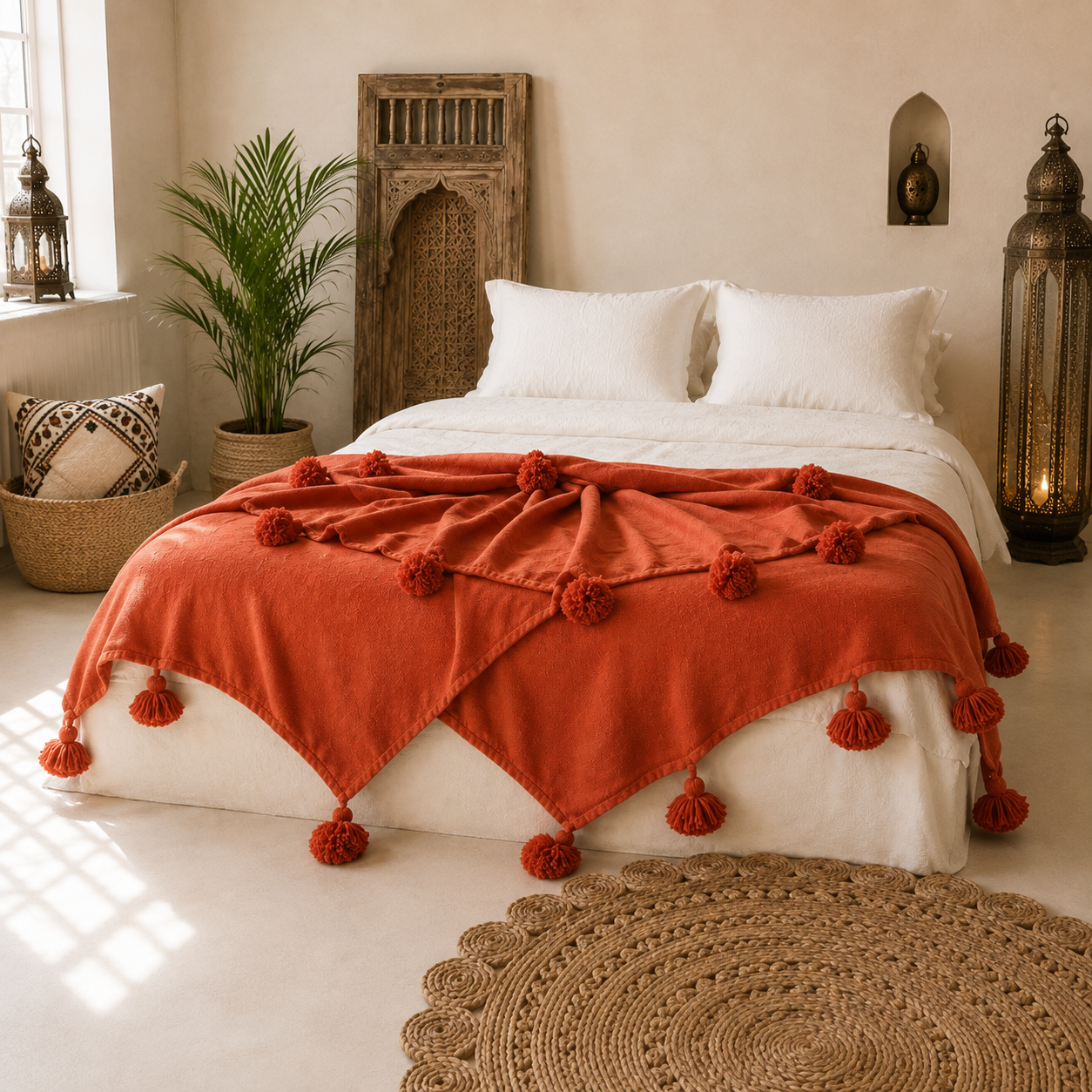 Handmade Moroccan Black & Orange Striped Pom Pom Blanket