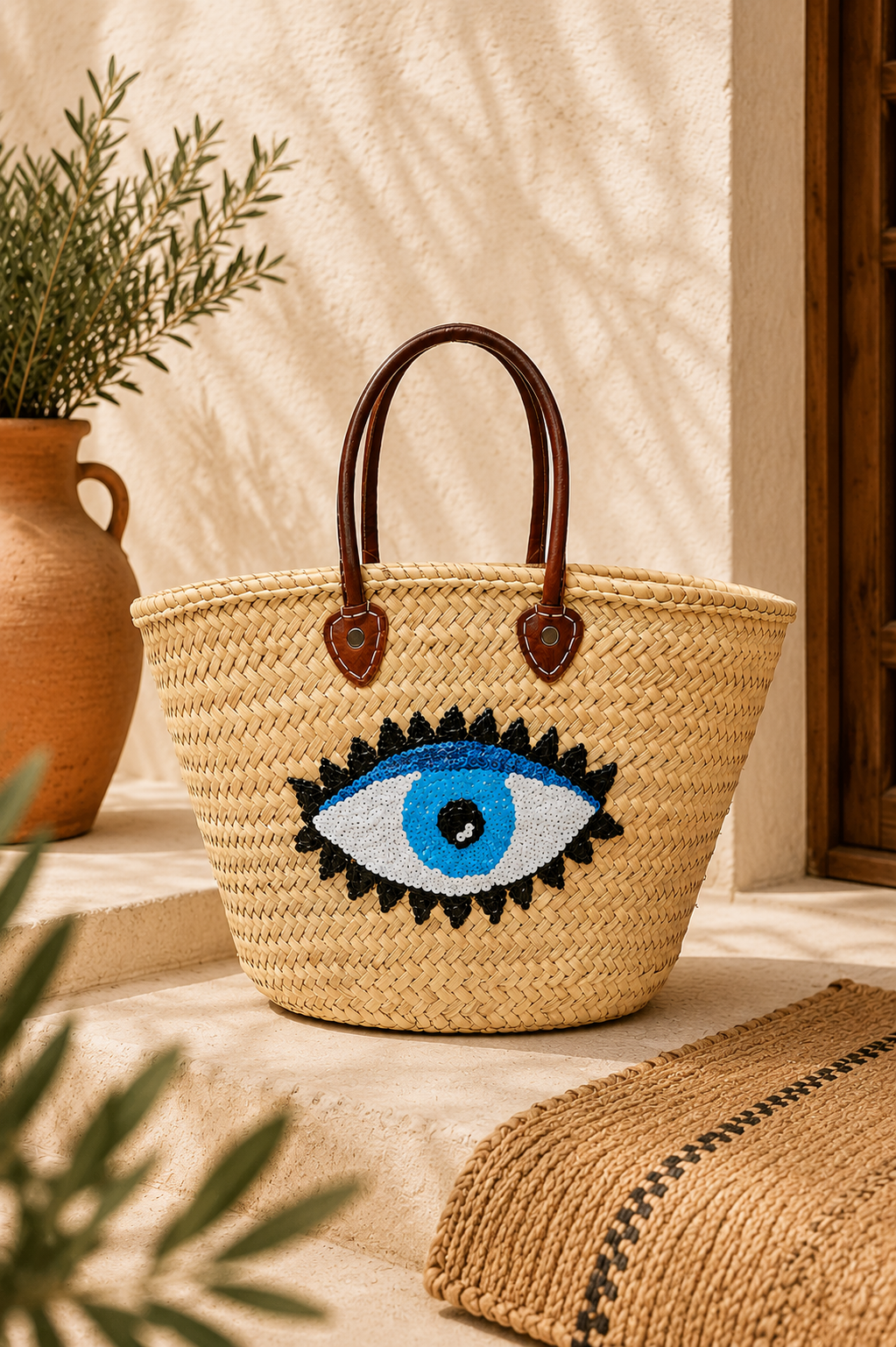 Handwoven Moroccan straw beach bag featuring a blue evil eye design with genuine leather handles.
