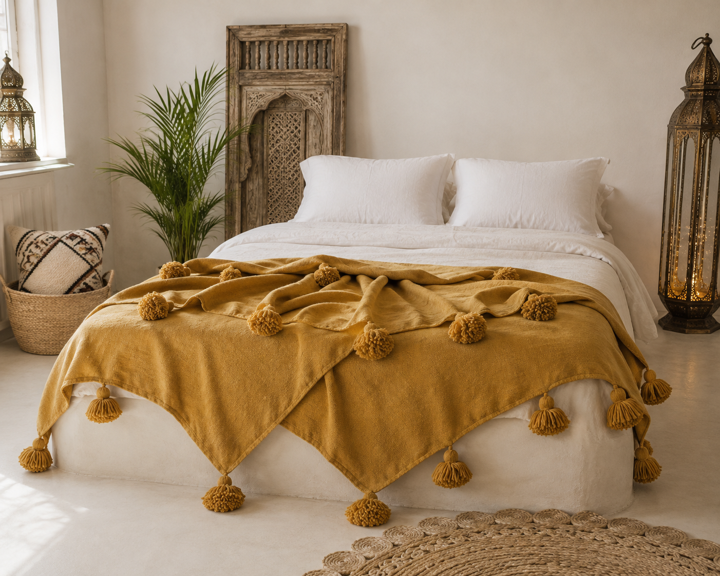 Handmade Moroccan Black & mustard Striped Pom Pom Blanket