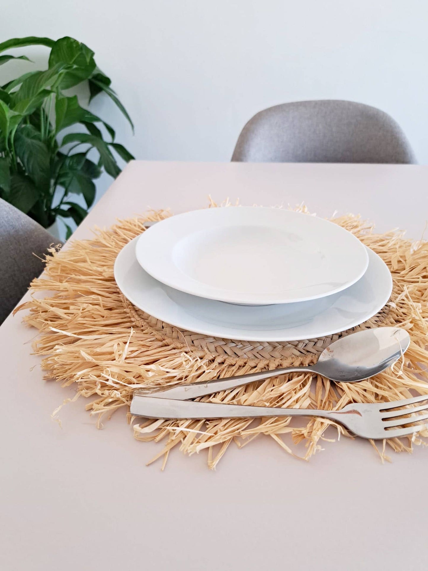 Handmade Moroccan Raffia Fringe Straw Placemat | Natural Boho Table Decor