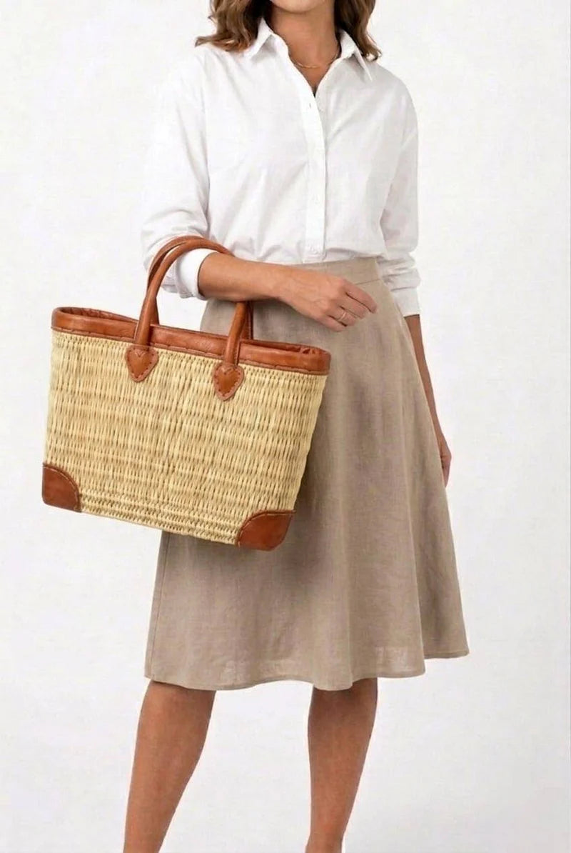 Handwoven Moroccan Straw Basket with Leather Handles | ArtisanNomad