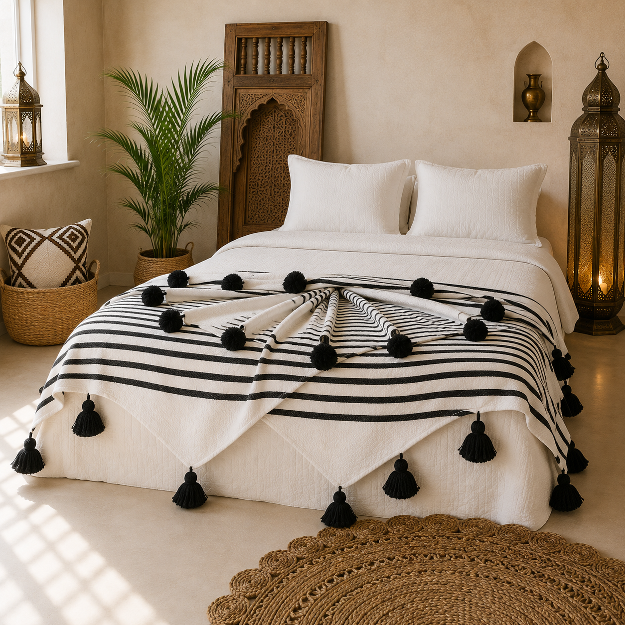 Handmade Moroccan Black & Zebra Striped Pom Pom Blanket