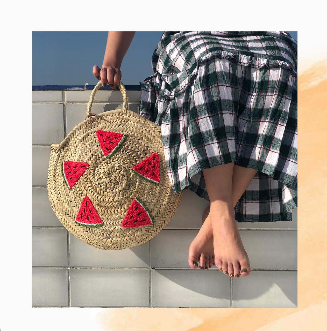 Handwoven Round Moroccan Straw Bag with Watermelon Design | Handmade Beach Tote | ArtisanNomad