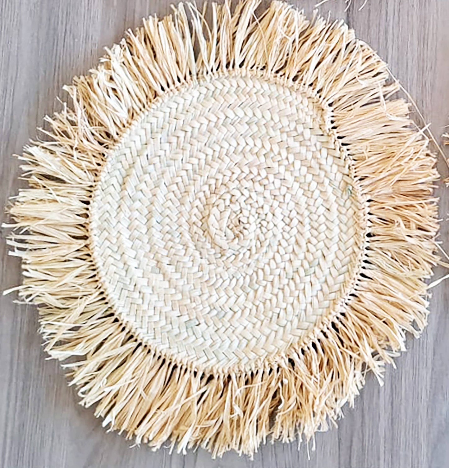 Handmade Moroccan Raffia Fringe Straw Placemat | Natural Boho Table Decor