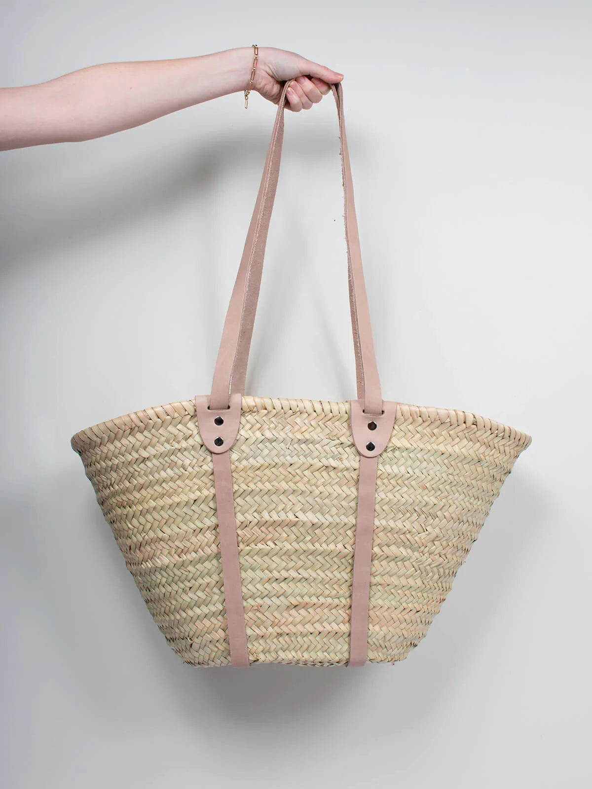 Handmade Moroccan Straw Beach Bag | Long Leather Strap Raffia Tote Basket