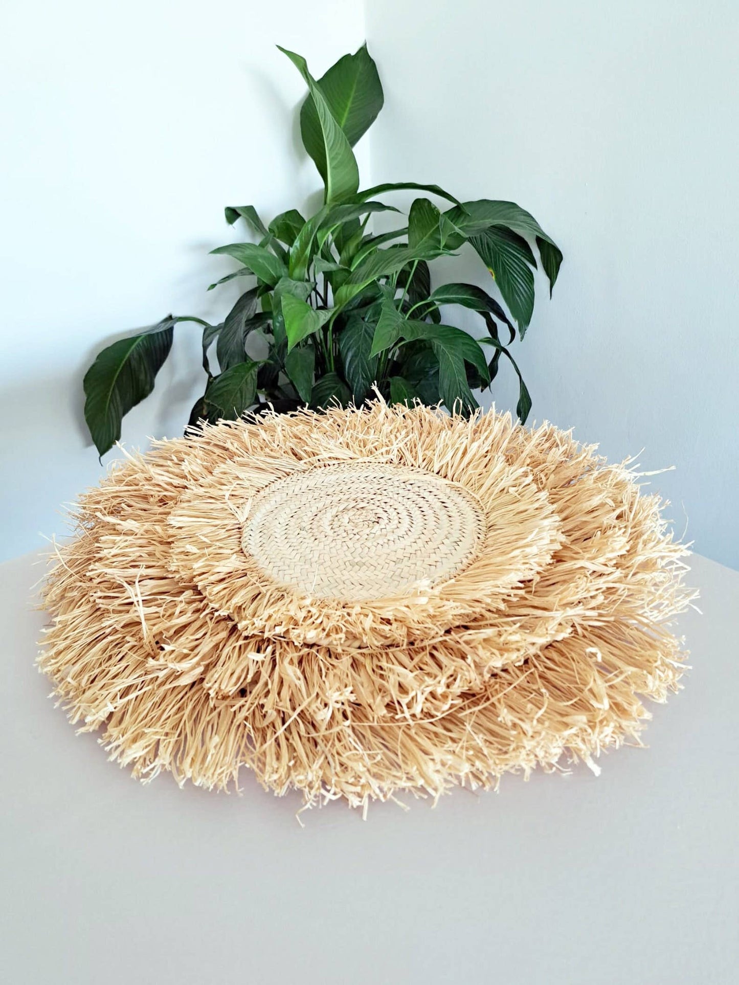 Handmade Moroccan Raffia Fringe Straw Placemat | Natural Boho Table Decor