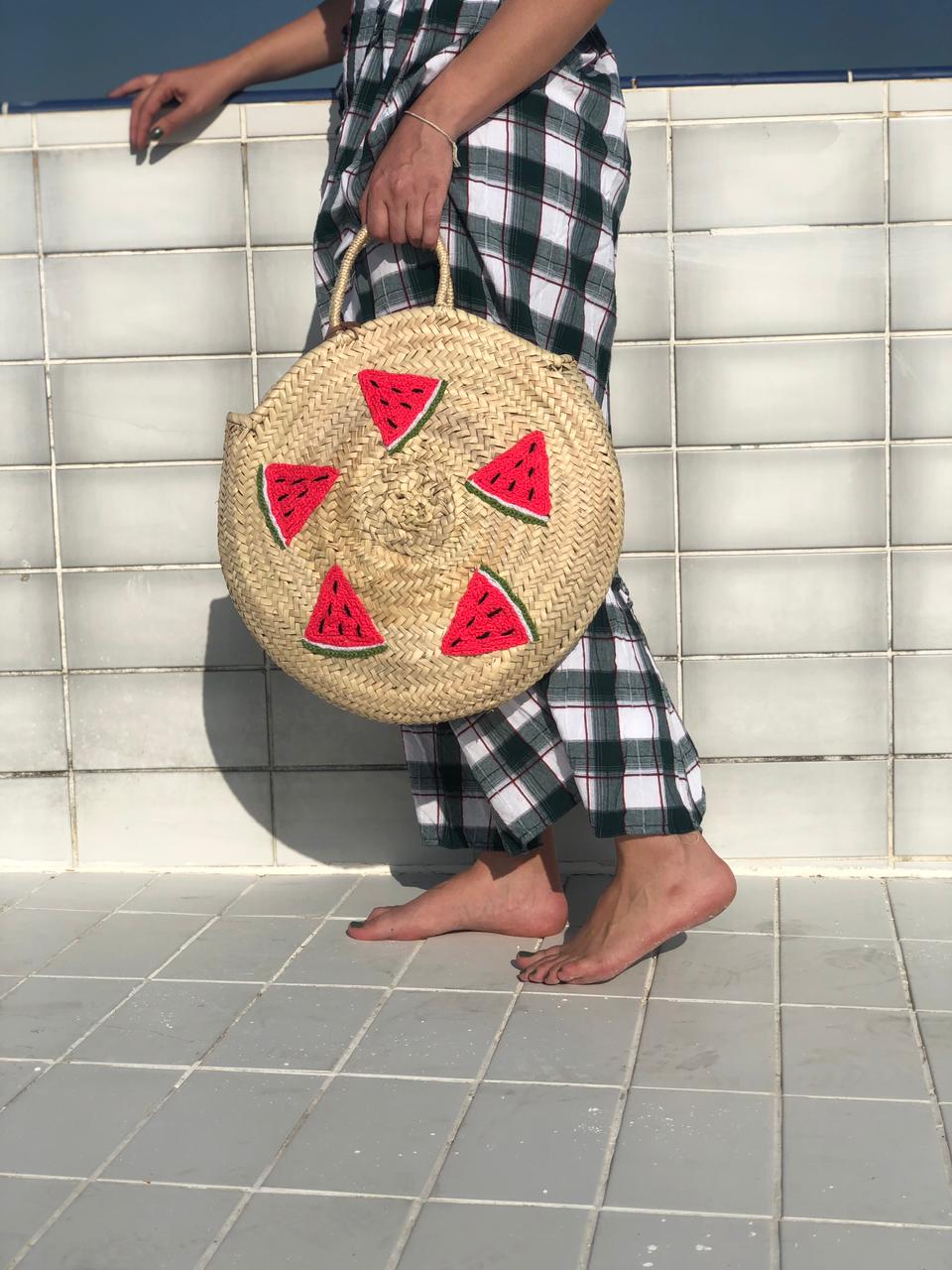 Handwoven Round Moroccan Straw Bag with Watermelon Design | Handmade Beach Tote | ArtisanNomad