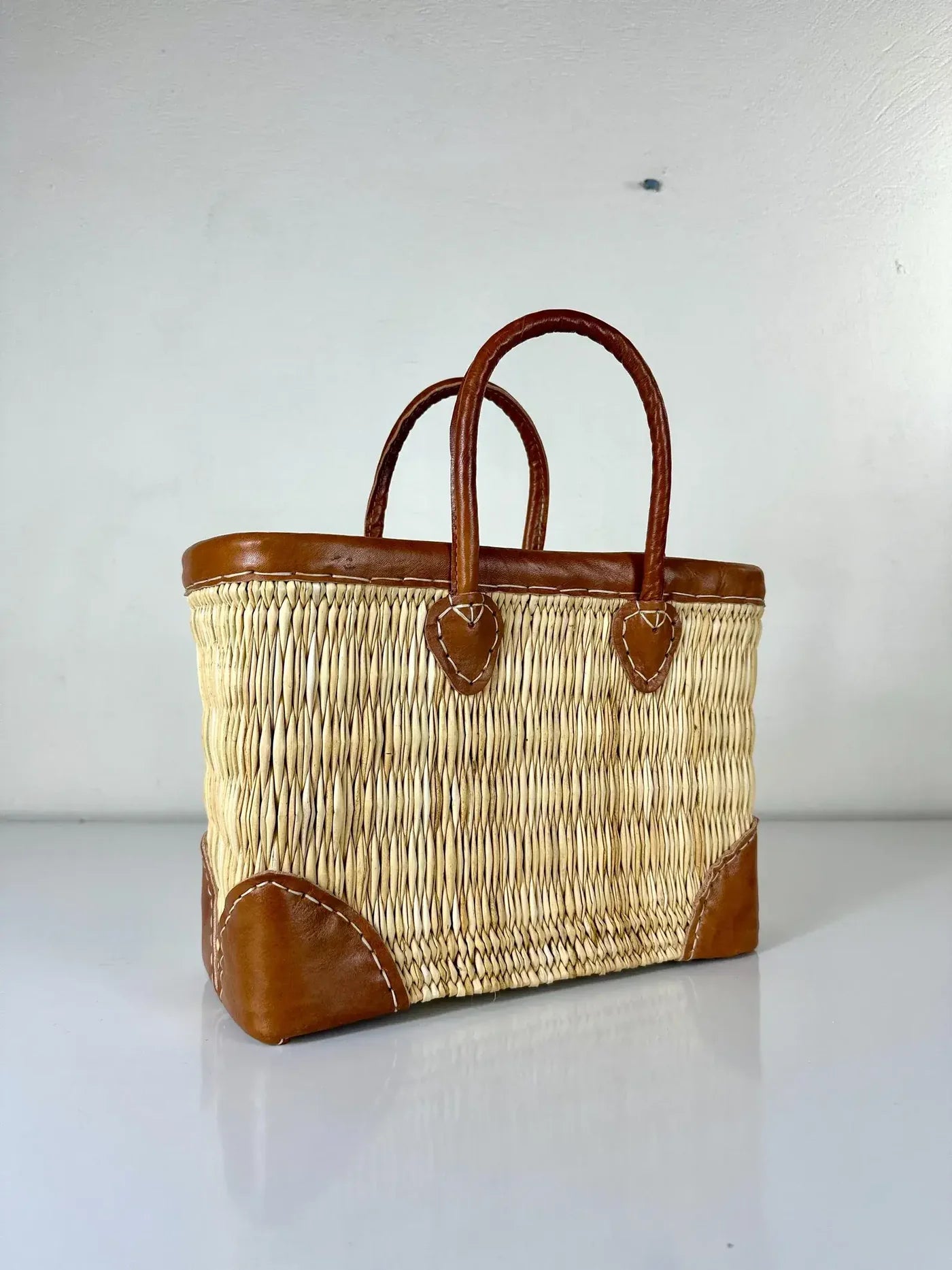Handwoven Moroccan Straw Basket with Leather Handles | ArtisanNomad