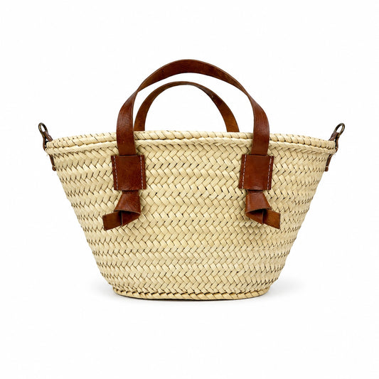 Handwoven Moroccan Straw Handbag with Leather Bow Handles | ArtisanNomad