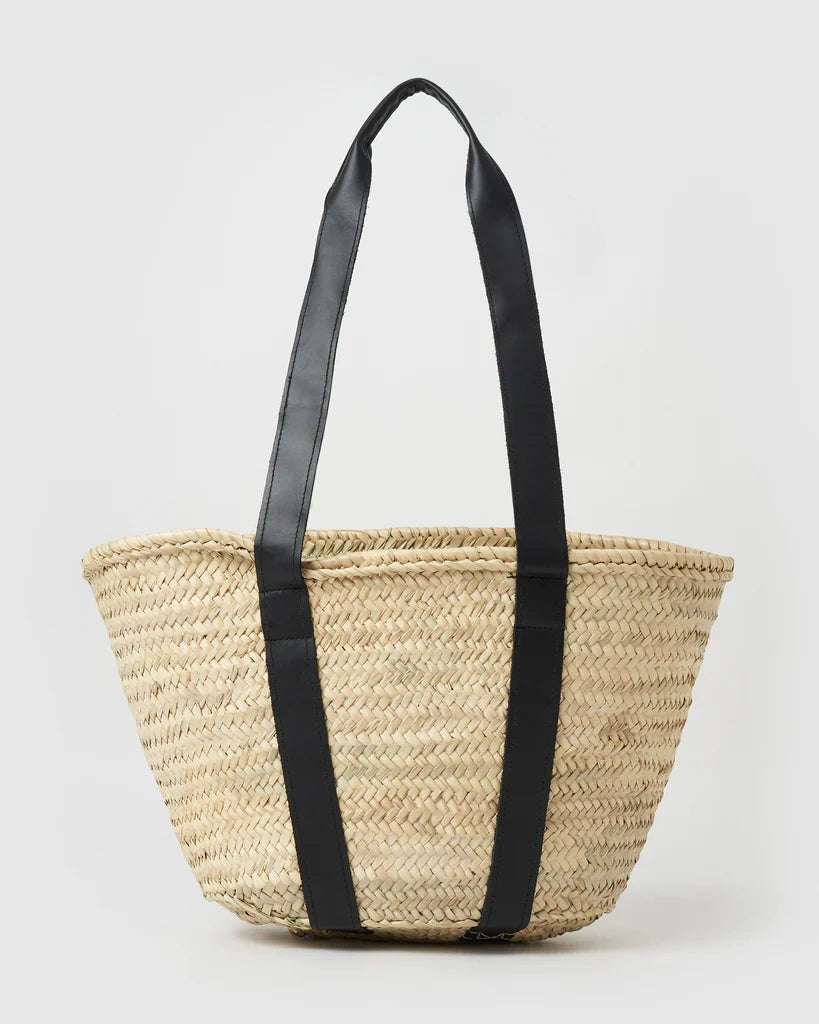 andmade Moroccan Straw Basket Bag with Black Leather Straps