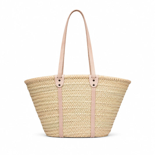 Handmade Moroccan Straw Beach Bag | Long Leather Strap Raffia Tote Basket