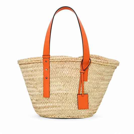 Handwoven Moroccan Straw Tote Bag with Orange Leather Handles | Handmade Palm Leaf Beach Basket
