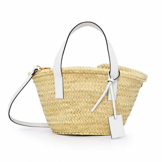 Handwoven Moroccan Straw Tote Bag with White Leather Handles | Handmade Palm Leaf Beach Basket