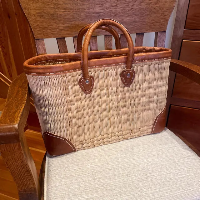 Handwoven Moroccan Straw Basket with Leather Handles | ArtisanNomad