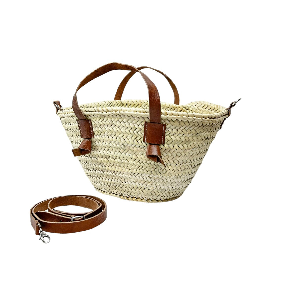 Handwoven Moroccan Straw Handbag with Leather Bow Handles | ArtisanNomad