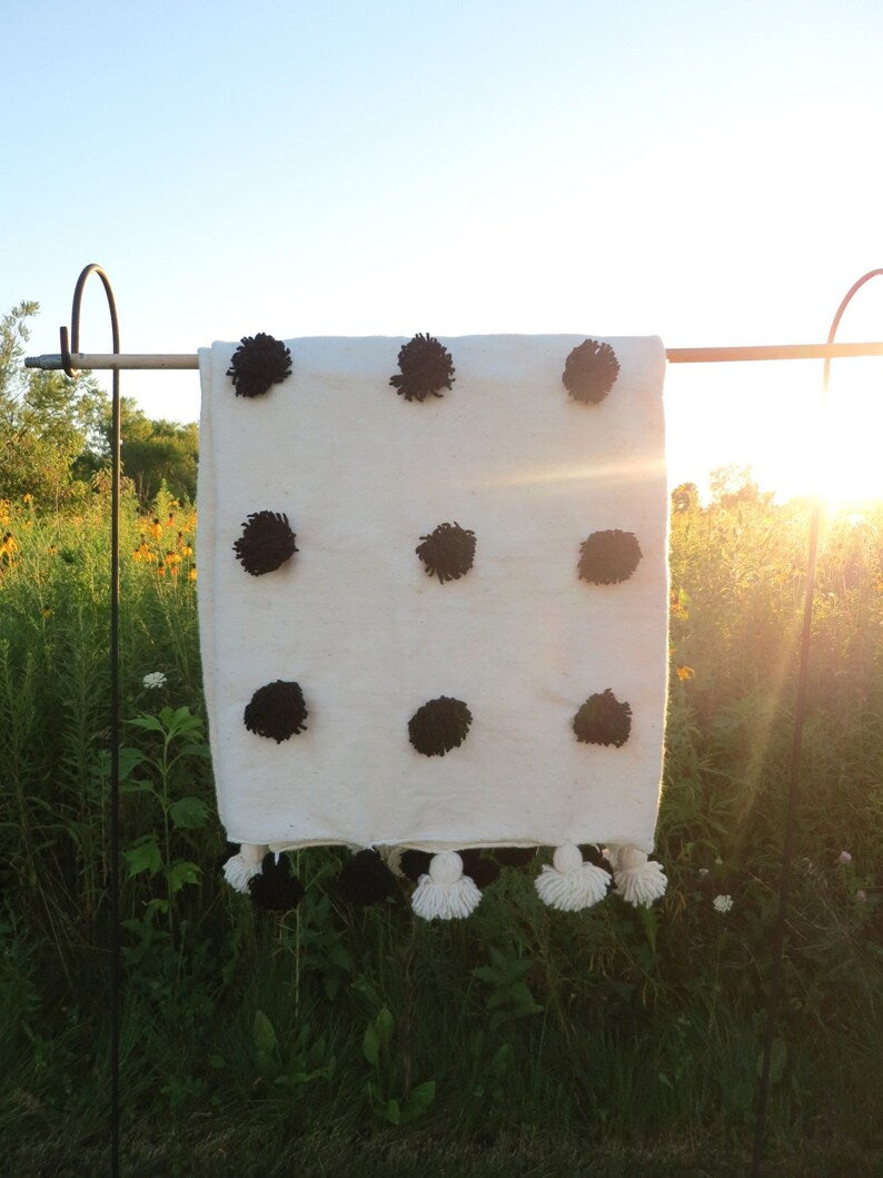 Handmade Moroccan white with Black Pom Pom Blanket