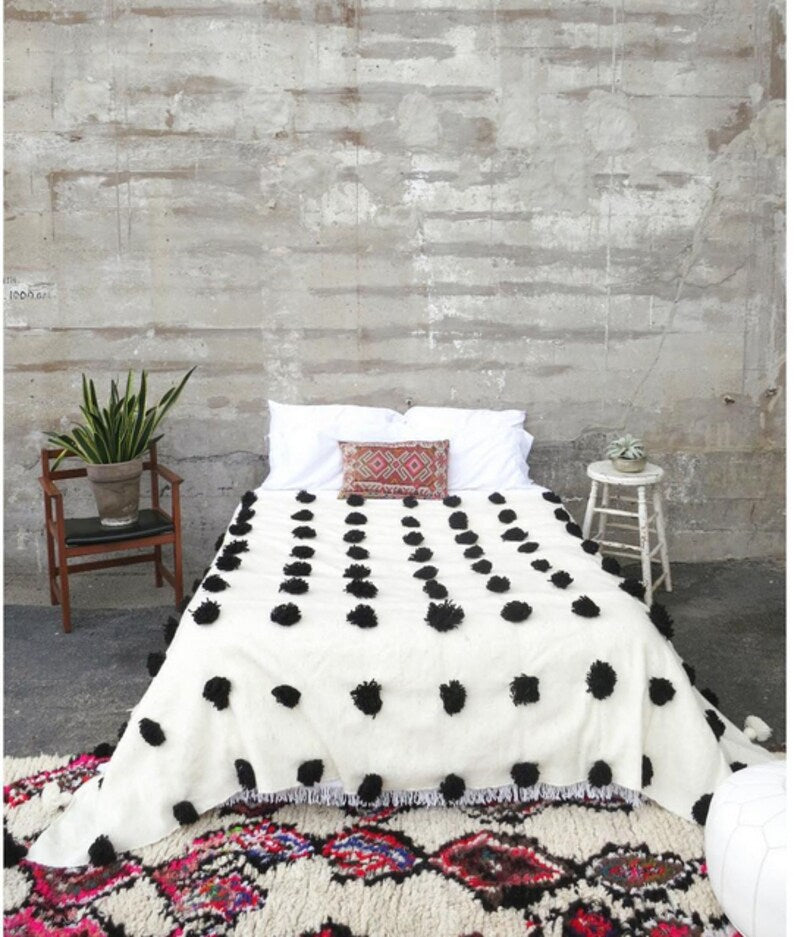 Handmade Moroccan white with Black Pom Pom Blanket