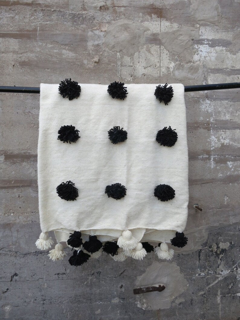 Handmade Moroccan white with Black Pom Pom Blanket