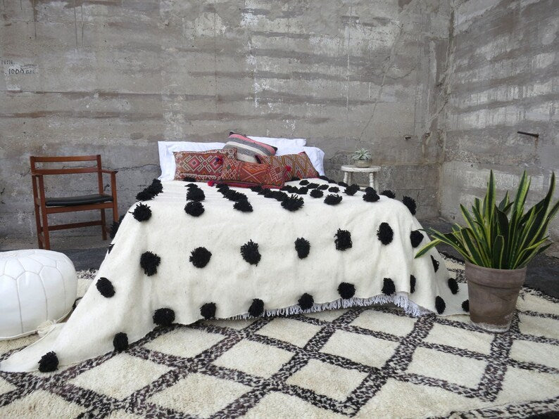 Handmade Moroccan white with Black Pom Pom Blanket