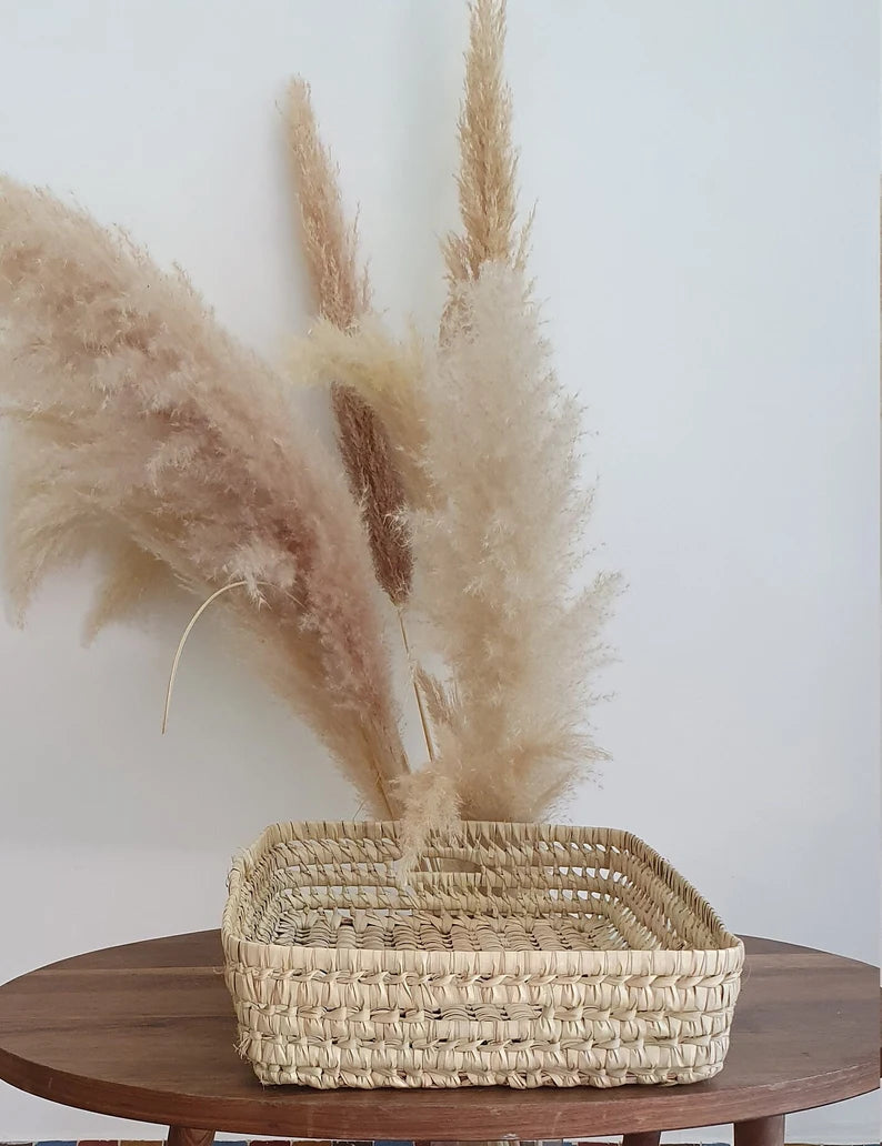 Handmade Moroccan Palm Leaf Storage Tray | Natural Woven Organizer Basket