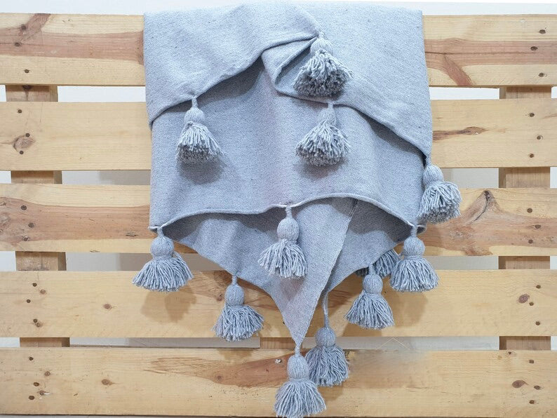 Handmade Moroccan Black & White Striped Pom Pom Blanket