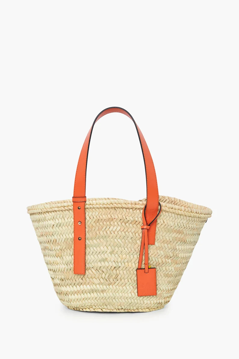 Handwoven Moroccan Straw Tote Bag with Orange Leather Handles | Handmade Palm Leaf Beach Basket