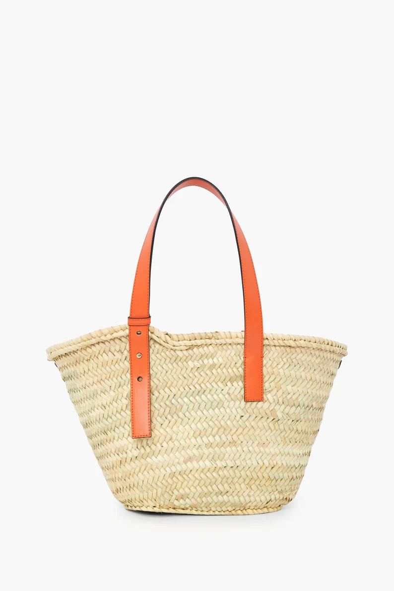 Handwoven Moroccan Straw Tote Bag with Orange Leather Handles | Handmade Palm Leaf Beach Basket