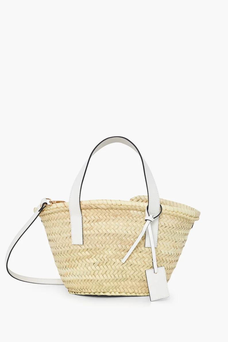 Handwoven Moroccan Straw Tote Bag with White Leather Handles | Handmade Palm Leaf Beach Basket