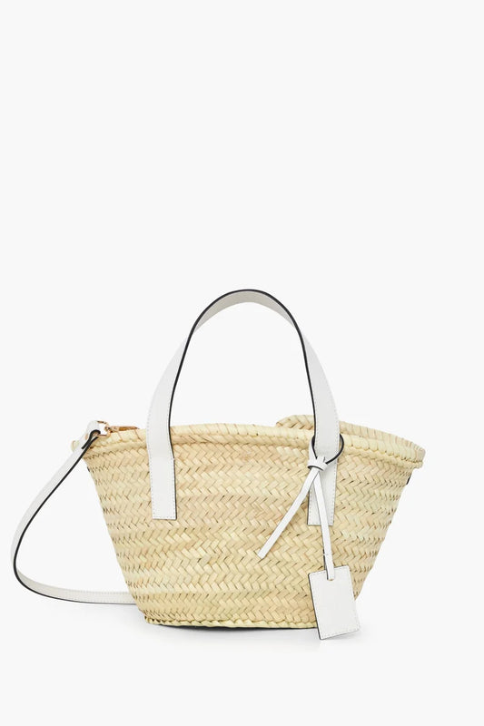 Handwoven Moroccan Straw Tote Bag with White Leather Handles | Handmade Palm Leaf Beach Basket