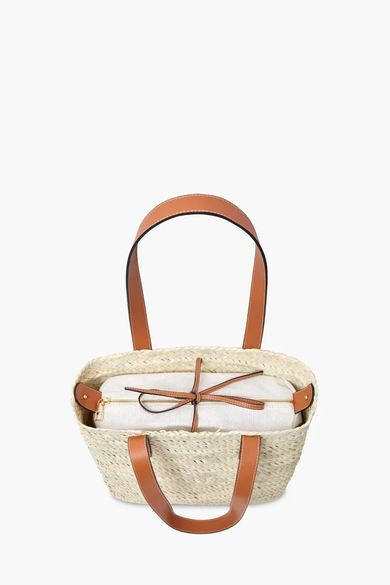 Handwoven Moroccan Straw Shopper Tote Bag with Tan Leather Handles