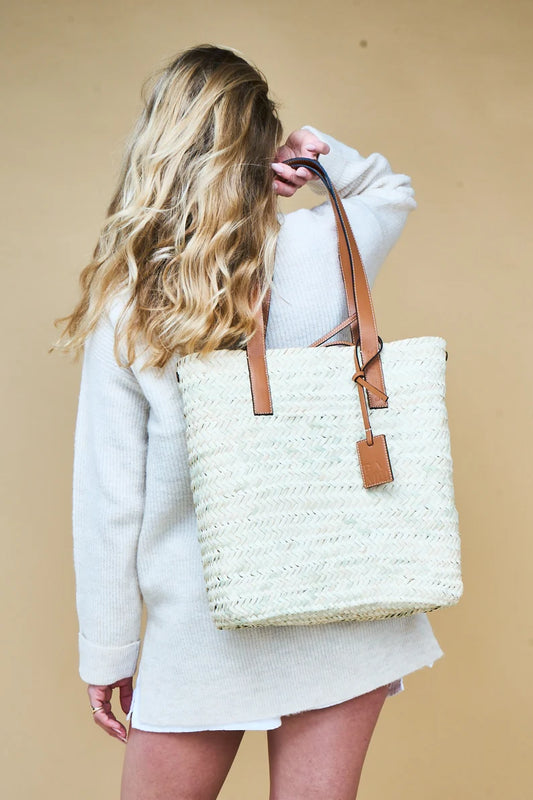 Handwoven Moroccan Straw Shopper Tote Bag with Tan Leather Handles