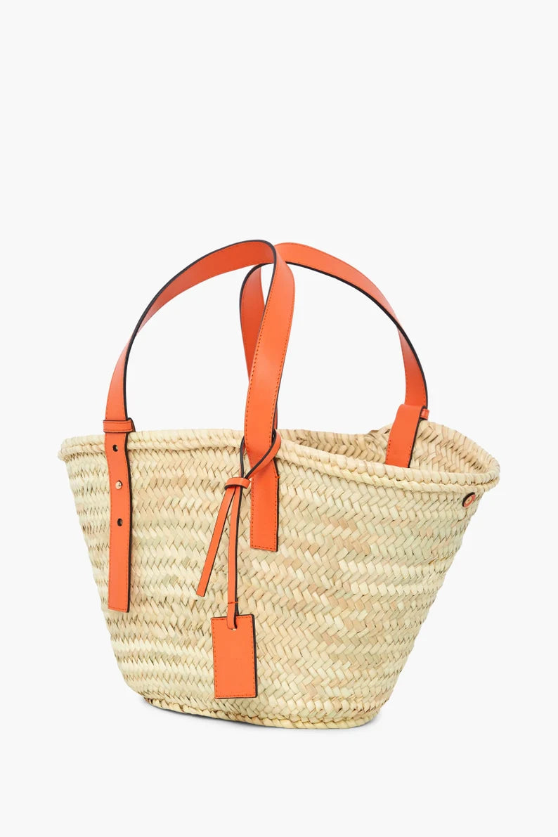 Handwoven Moroccan Straw Tote Bag with Orange Leather Handles | Handmade Palm Leaf Beach Basket