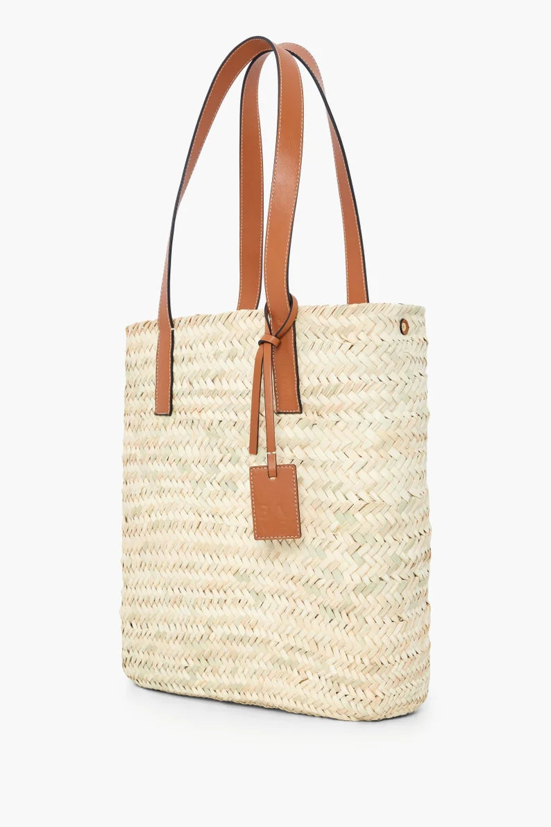 Handwoven Moroccan Straw Shopper Tote Bag with Tan Leather Handles