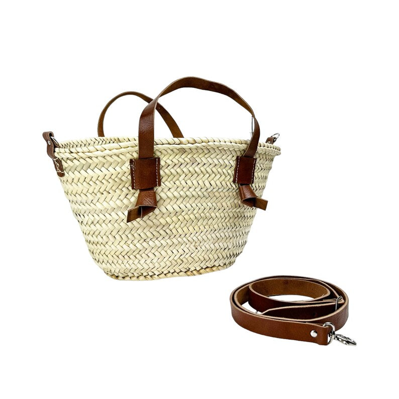 Handwoven Moroccan Straw Handbag with Leather Bow Handles | ArtisanNomad