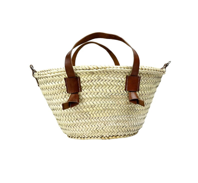 Handwoven Moroccan Straw Handbag with Leather Bow Handles | ArtisanNomad