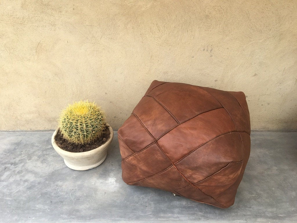 Handmade Moroccan Leather Pouf | Genuine Leather Ottoman | ArtisanNomad
